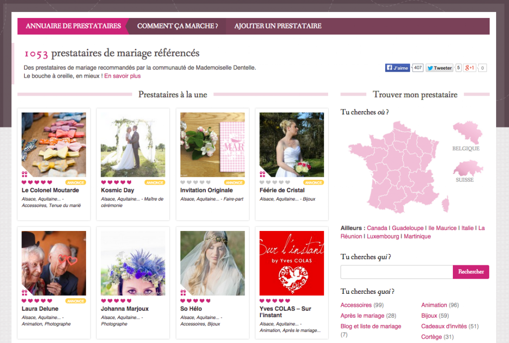 Page d'accueil de l'annuaire avec prestataires mis en avant