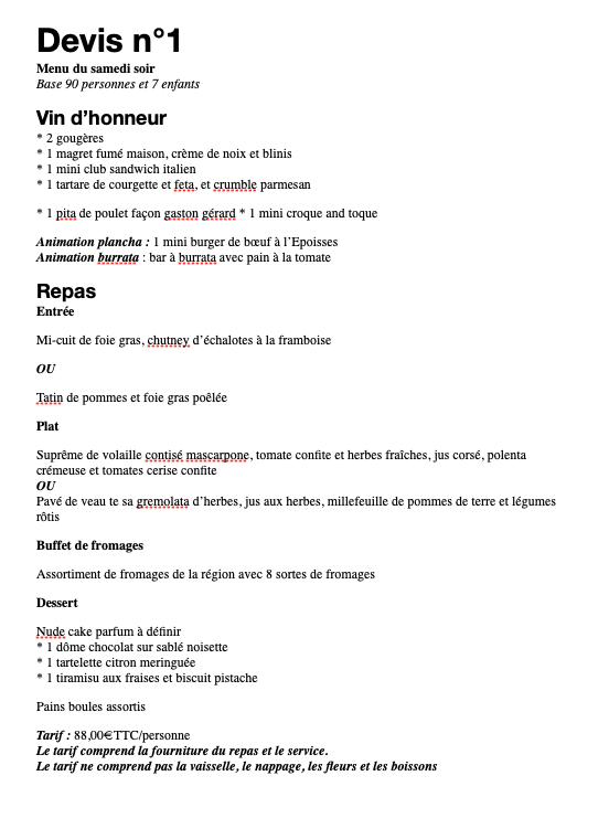 Première page d'un devis traiteur de mariage