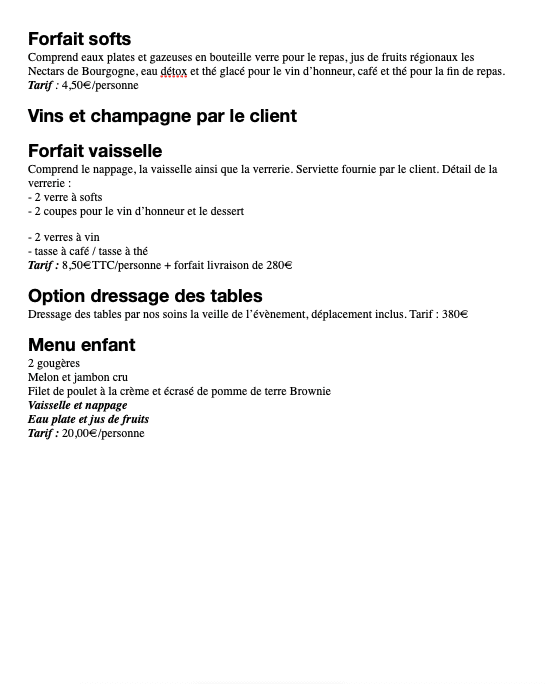 Seconde page d'un devis traiteur de mariage