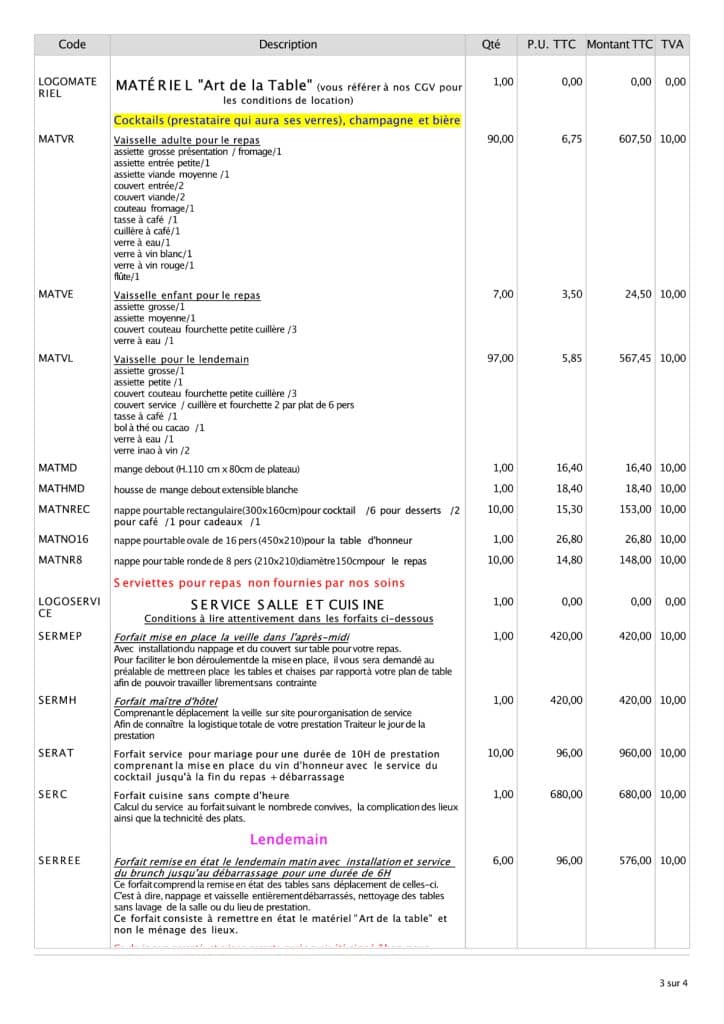 Troisième page d'un devis traiteur de mariage