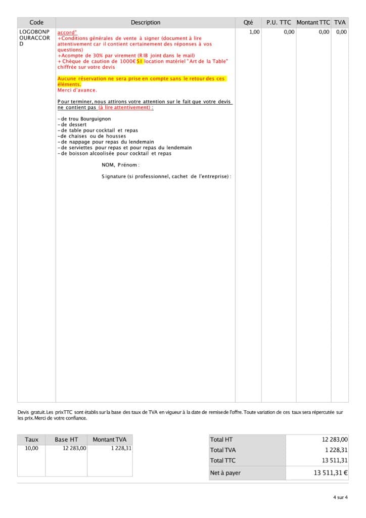 Dernière page d'un devis traiteur de mariage