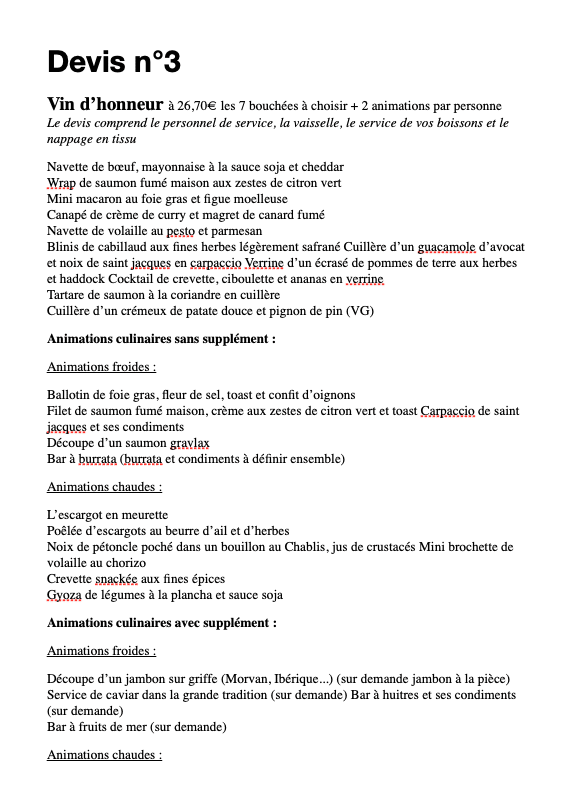 Première page d'un devis traiteur de mariage