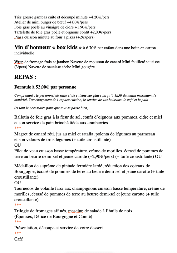 Seconde page d'un devis traiteur de mariage
