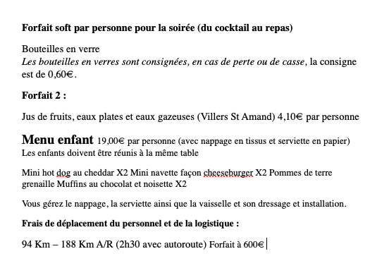 Troisième page d'un devis traiteur de mariage